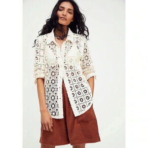 New Free People FP One Yesenia Shacket Crochet Lace Long Sleeve Button Down